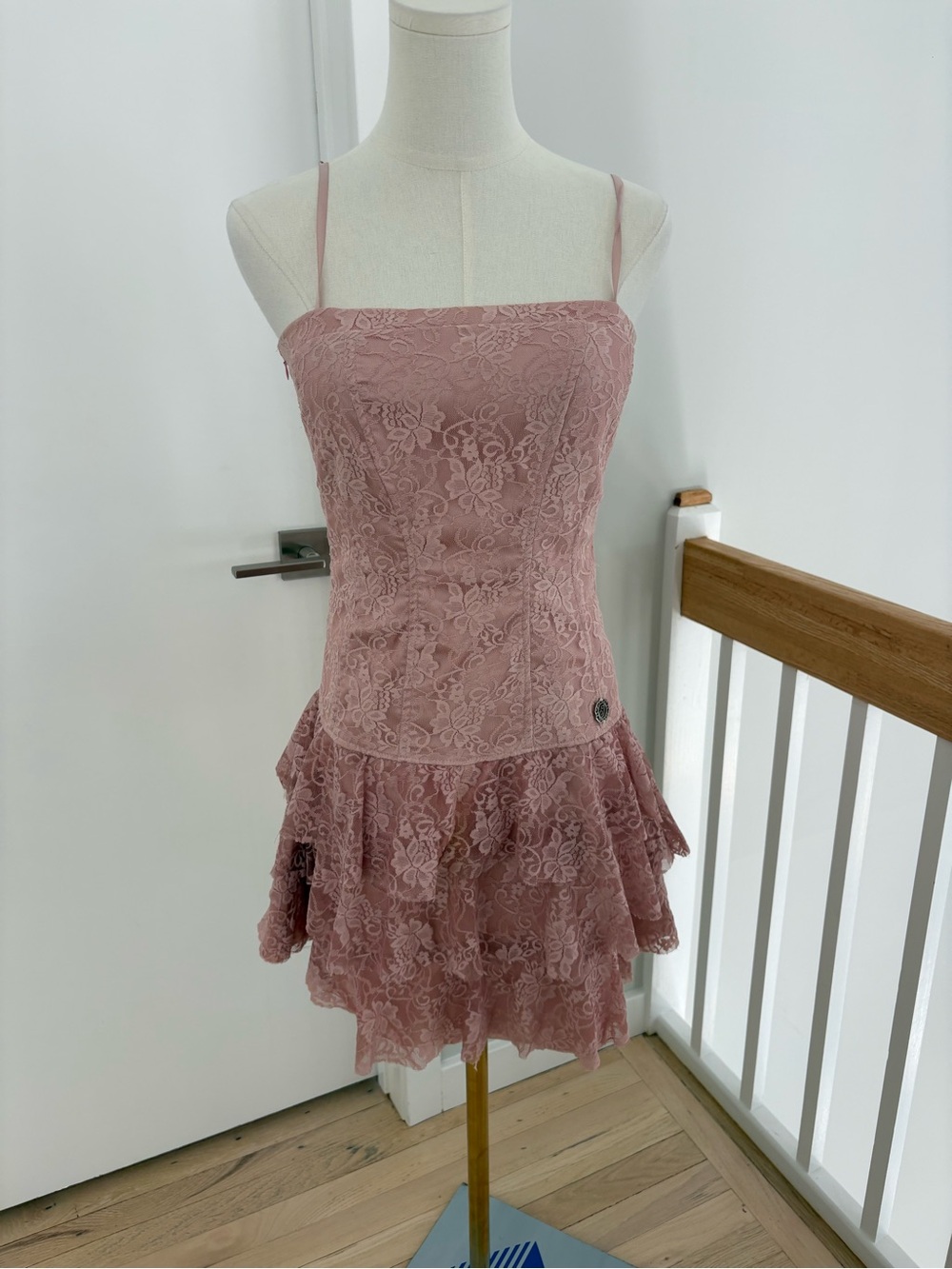 Pink Lace Tiered Spaghetti Strap Dress